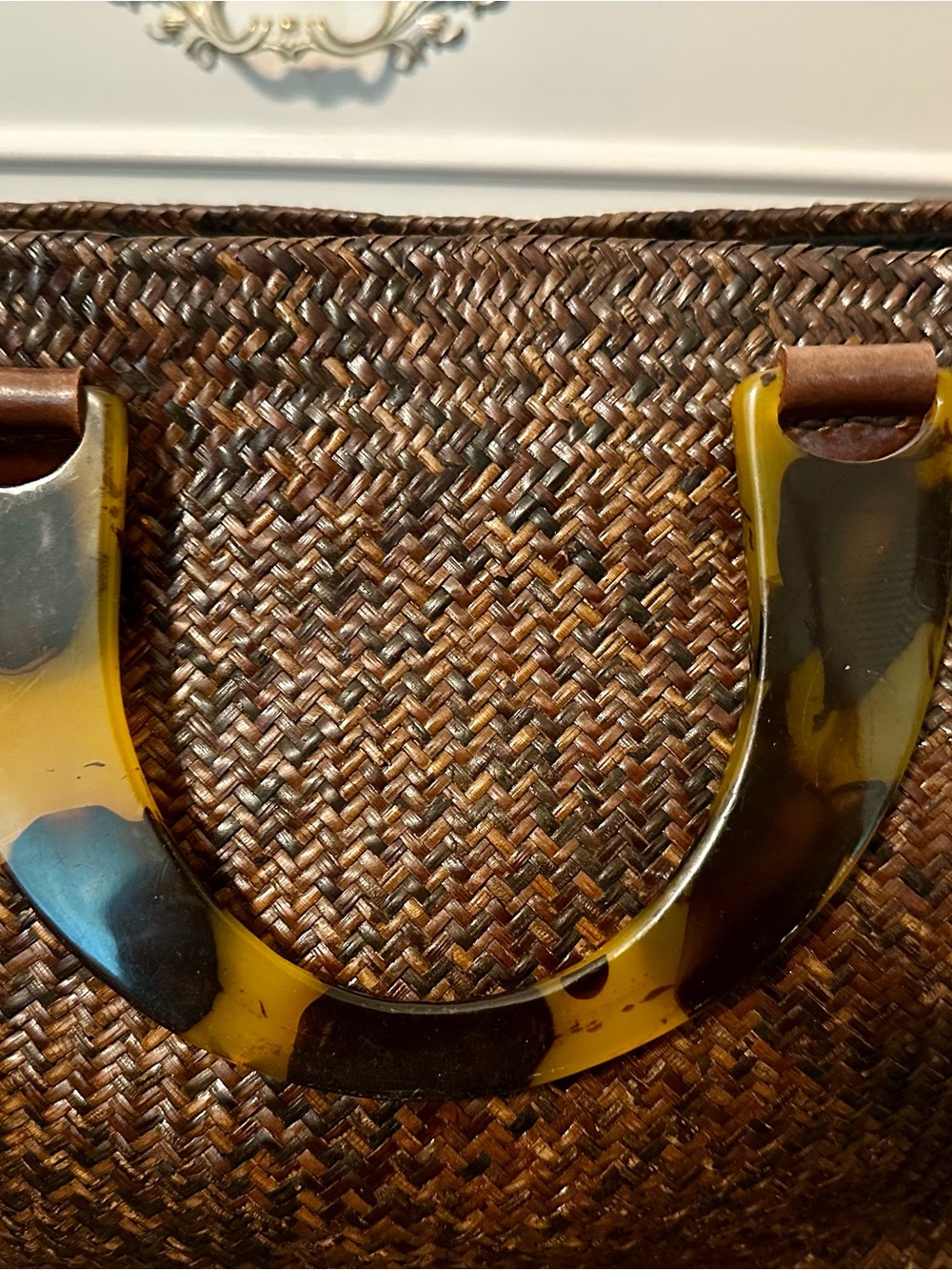 Asiaphile Los Angeles Woven Brown Straw Tote with Tortoiseshell Handle - Picture 4 of 12